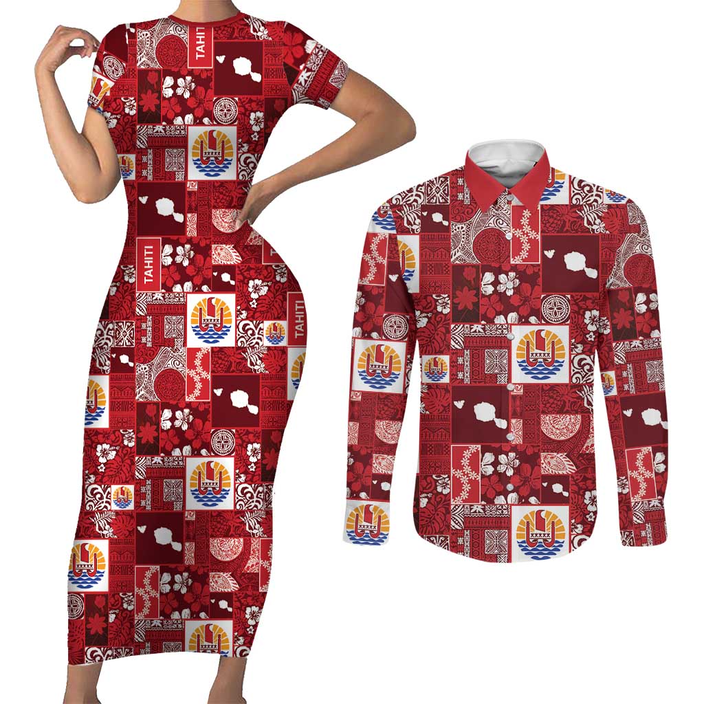 Tahiti Oaoa I Teie Noera Couples Matching Short Sleeve Bodycon Dress and Long Sleeve Button Shirt Pacific Patchwork Xmas Vibes LT9 Red - Polynesian Pride