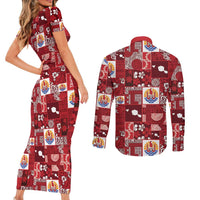Tahiti Oaoa I Teie Noera Couples Matching Short Sleeve Bodycon Dress and Long Sleeve Button Shirt Pacific Patchwork Xmas Vibes LT9 - Polynesian Pride