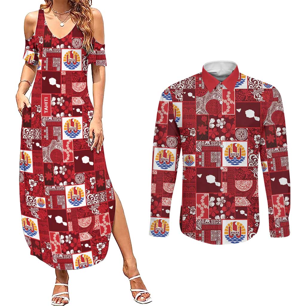 Tahiti Oaoa I Teie Noera Couples Matching Summer Maxi Dress and Long Sleeve Button Shirt Pacific Patchwork Xmas Vibes - Polynesian Pride