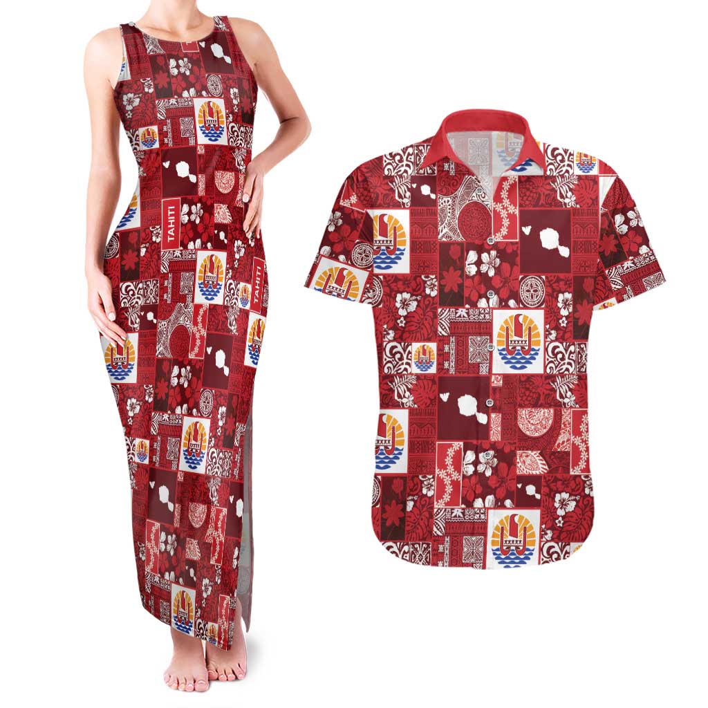 Tahiti Oaoa I Teie Noera Couples Matching Tank Maxi Dress and Hawaiian Shirt Pacific Patchwork Xmas Vibes LT9 Red - Polynesian Pride