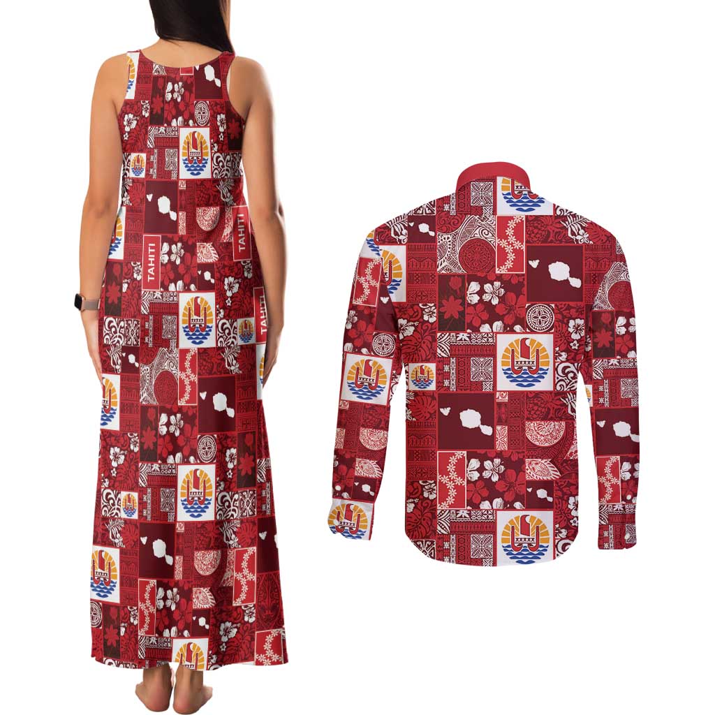 Tahiti Oaoa I Teie Noera Couples Matching Tank Maxi Dress and Long Sleeve Button Shirt Pacific Patchwork Xmas Vibes LT9 - Polynesian Pride