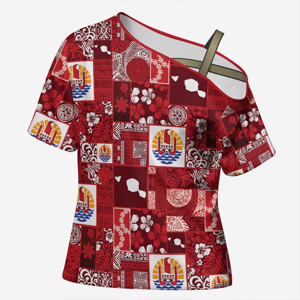 Tahiti Oaoa I Teie Noera Cross Shoulder Shirt Pacific Patchwork Xmas Vibes - Polynesian Pride
