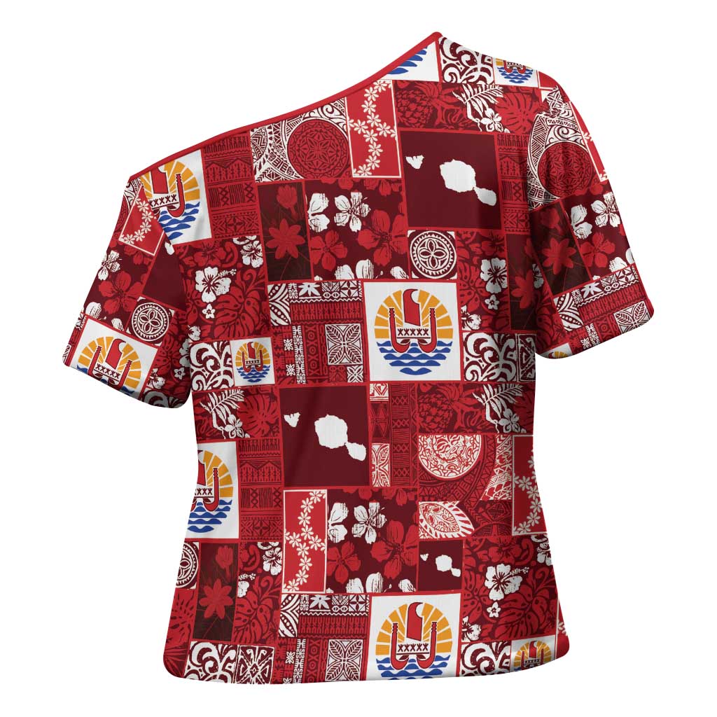 Tahiti Oaoa I Teie Noera Cross Shoulder Shirt Pacific Patchwork Xmas Vibes - Polynesian Pride