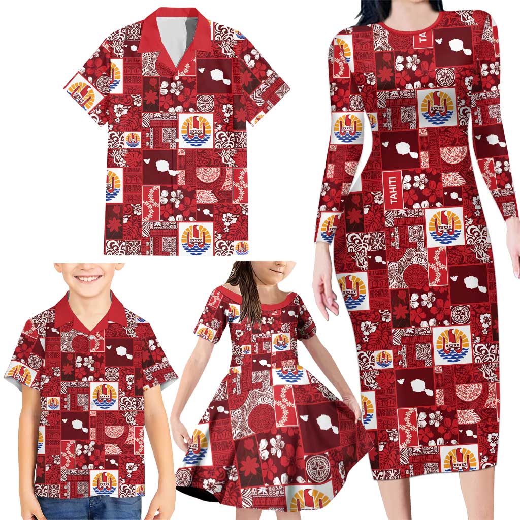 Tahiti Oaoa I Teie Noera Family Matching Long Sleeve Bodycon Dress and Hawaiian Shirt Pacific Patchwork Xmas Vibes - Polynesian Pride