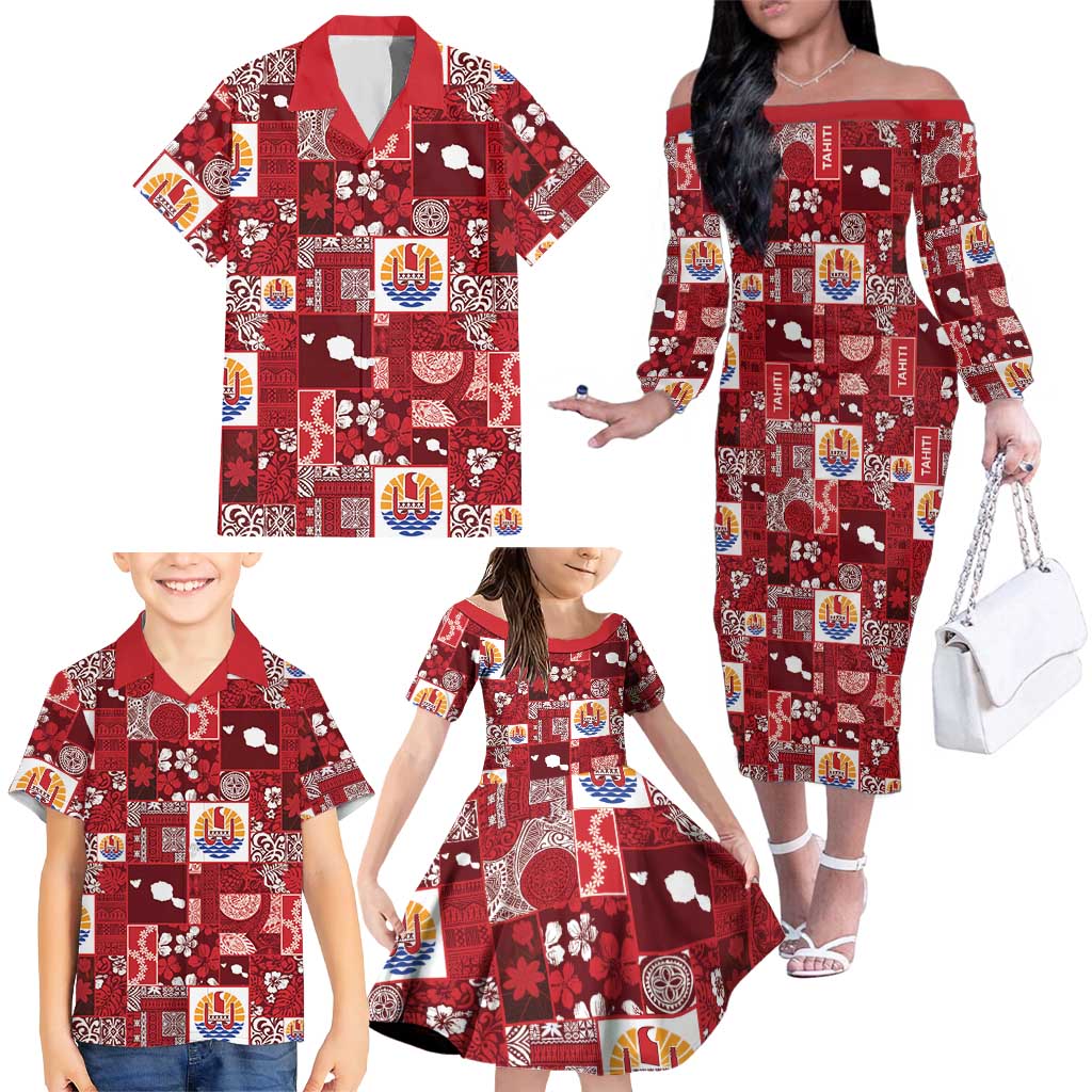 Tahiti Oaoa I Teie Noera Family Matching Off The Shoulder Long Sleeve Dress and Hawaiian Shirt Pacific Patchwork Xmas Vibes LT9 - Polynesian Pride