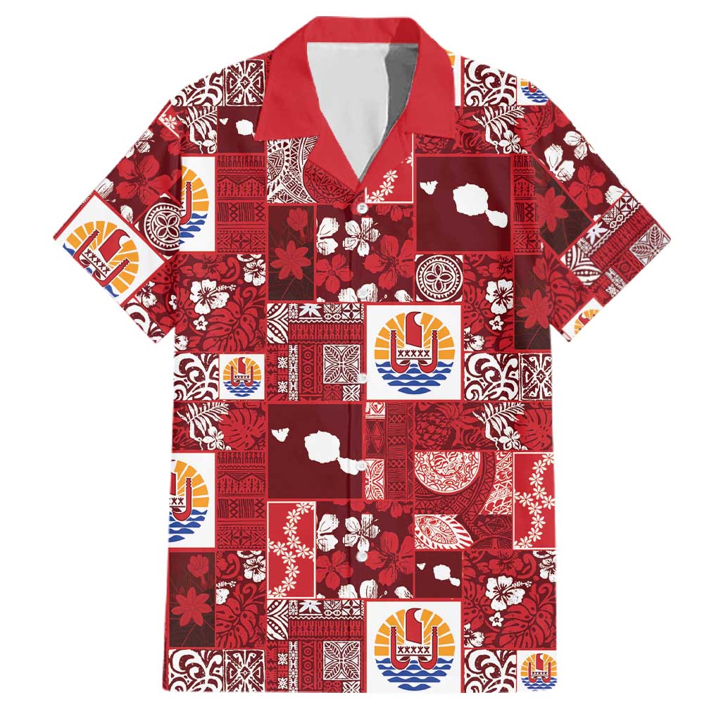 Tahiti Oaoa I Teie Noera Family Matching Off Shoulder Maxi Dress and Hawaiian Shirt Pacific Patchwork Xmas Vibes LT9 Dad's Shirt - Short Sleeve Red - Polynesian Pride