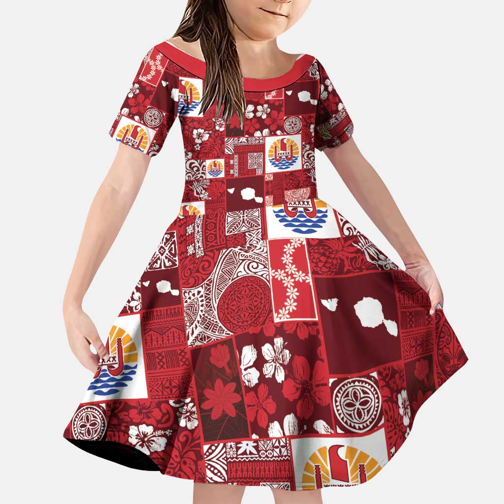 Tahiti Oaoa I Teie Noera Family Matching Off Shoulder Short Dress and Hawaiian Shirt Pacific Patchwork Xmas Vibes LT9 Daughter's Dress Red - Polynesian Pride
