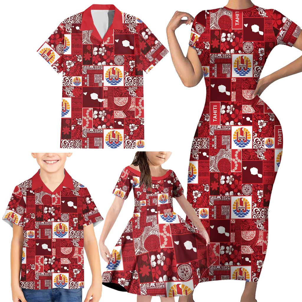 Tahiti Oaoa I Teie Noera Family Matching Short Sleeve Bodycon Dress and Hawaiian Shirt Pacific Patchwork Xmas Vibes - Polynesian Pride