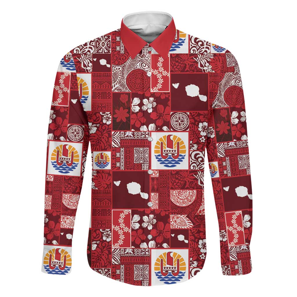 Tahiti Oaoa I Teie Noera Family Matching Short Sleeve Bodycon Dress and Hawaiian Shirt Pacific Patchwork Xmas Vibes LT9 Dad's Shirt - Long Sleeve Red - Polynesian Pride