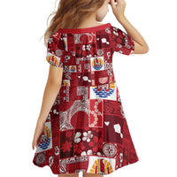 Tahiti Oaoa I Teie Noera Kid Short Sleeve Dress Pacific Patchwork Xmas Vibes - Polynesian Pride