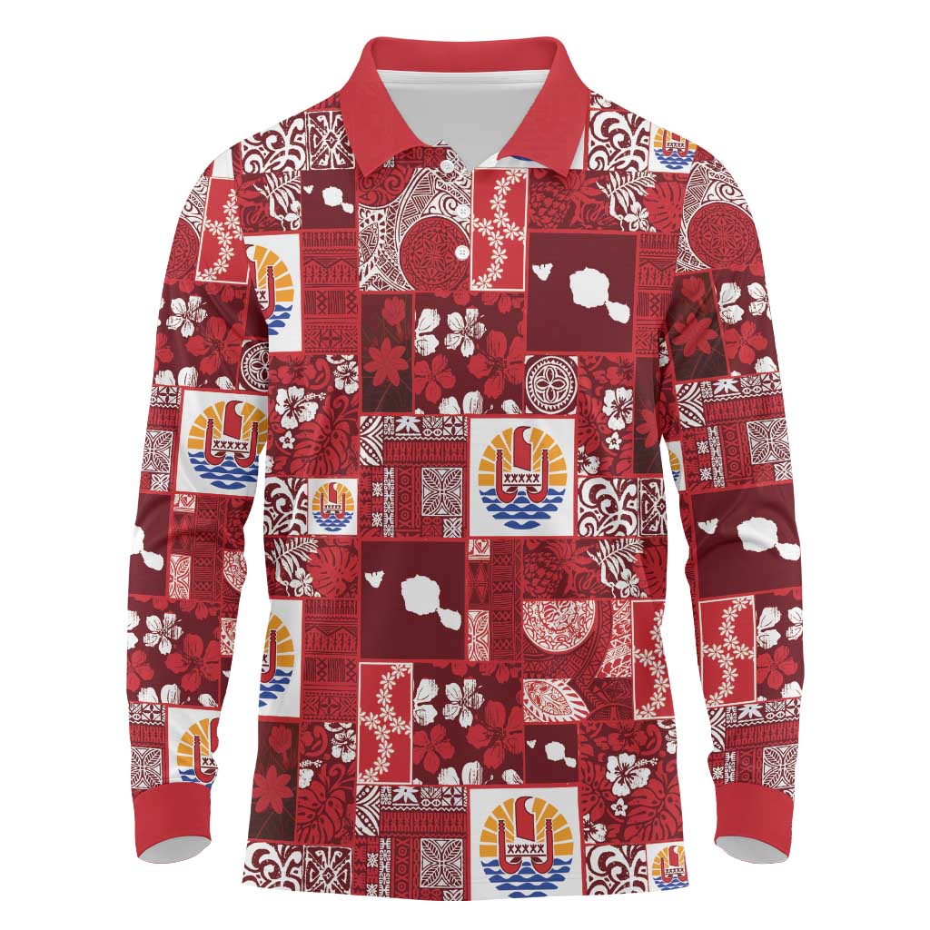 Tahiti Oaoa I Teie Noera Long Sleeve Polo Shirt Pacific Patchwork Xmas Vibes LT9 Red - Polynesian Pride