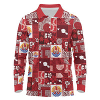 Tahiti Oaoa I Teie Noera Long Sleeve Polo Shirt Pacific Patchwork Xmas Vibes LT9 Red - Polynesian Pride