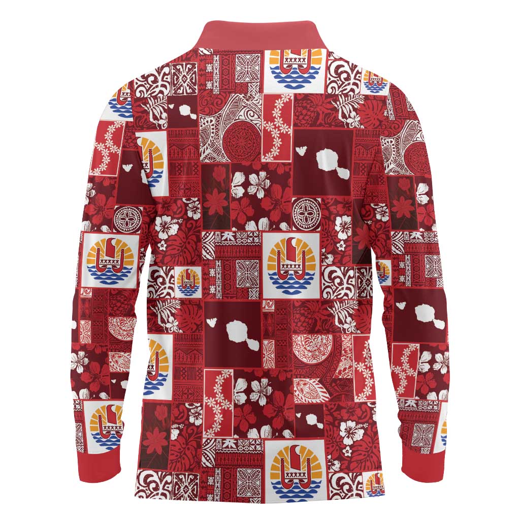 Tahiti Oaoa I Teie Noera Long Sleeve Polo Shirt Pacific Patchwork Xmas Vibes LT9 - Polynesian Pride