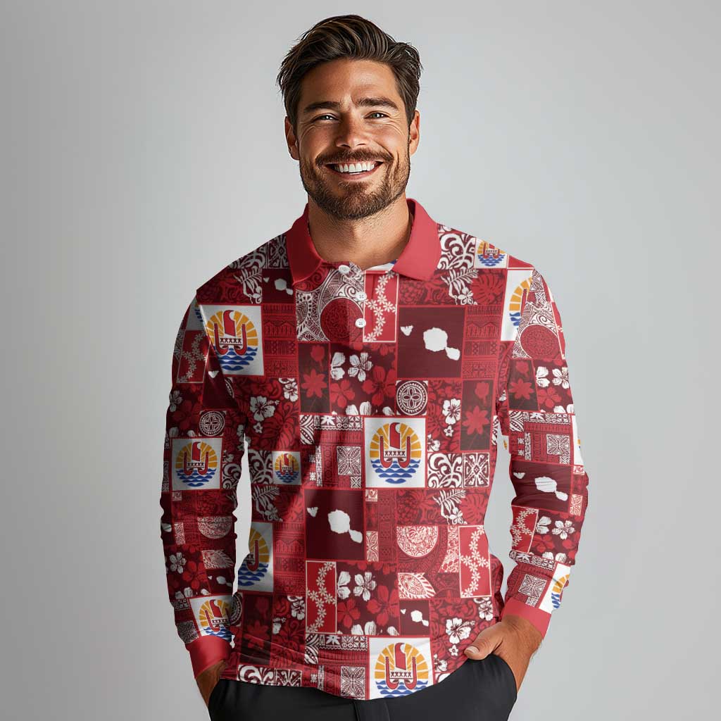 Tahiti Oaoa I Teie Noera Long Sleeve Polo Shirt Pacific Patchwork Xmas Vibes LT9 - Polynesian Pride