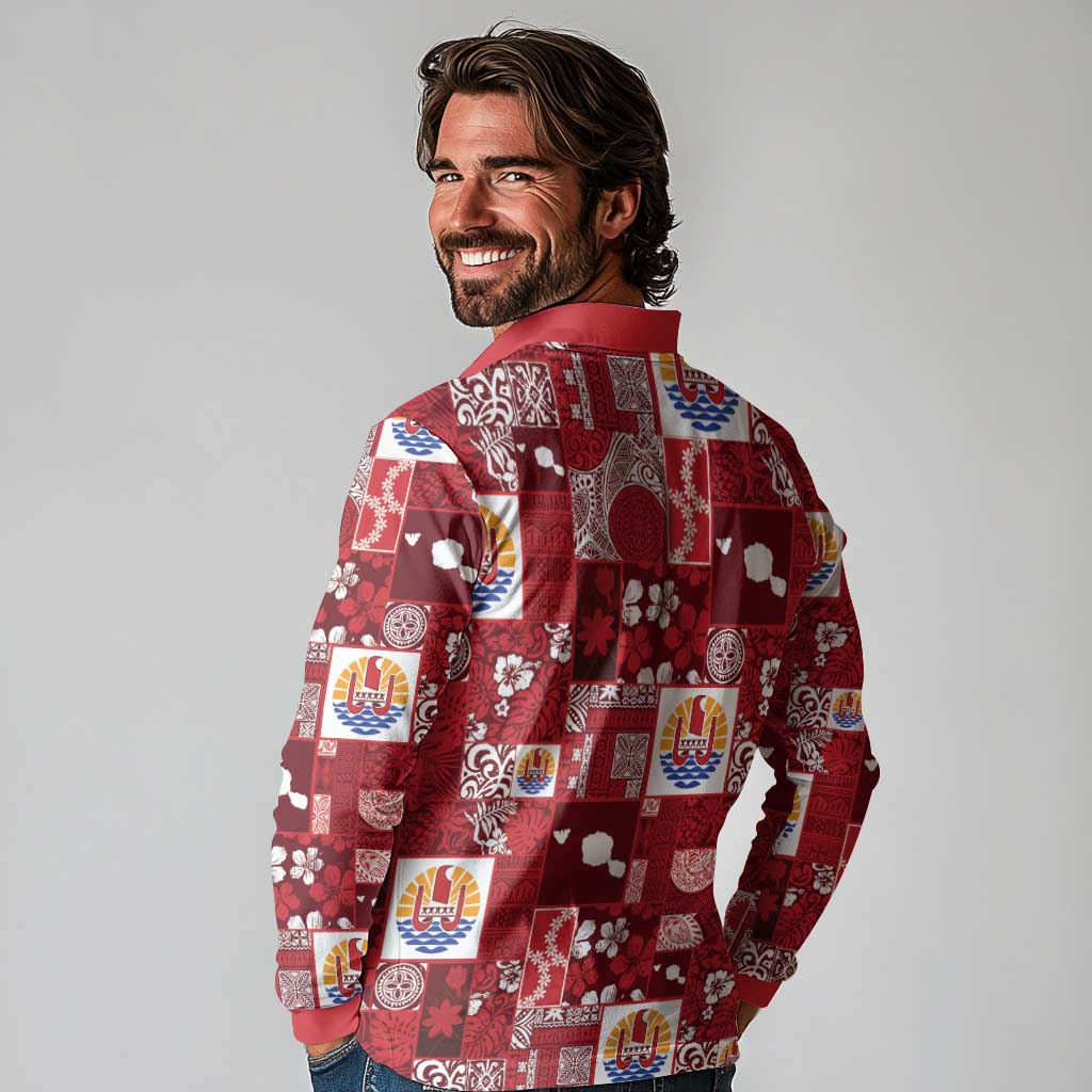 Tahiti Oaoa I Teie Noera Long Sleeve Polo Shirt Pacific Patchwork Xmas Vibes LT9 - Polynesian Pride