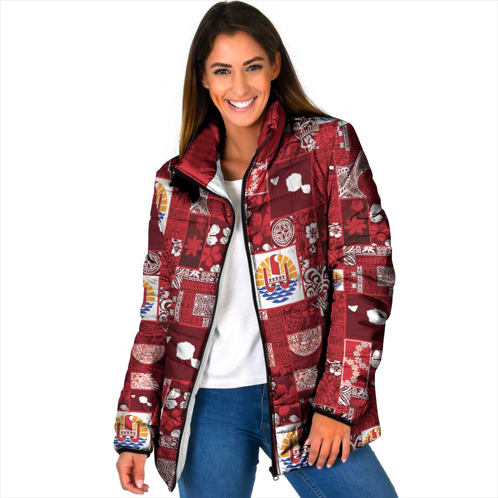 Tahiti Oaoa I Teie Noera Padded Jacket Pacific Patchwork Xmas Vibes LT9 Women Red - Polynesian Pride
