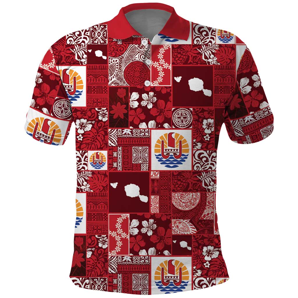 Tahiti Oaoa I Teie Noera Polo Shirt Pacific Patchwork Xmas Vibes LT9 Red - Polynesian Pride