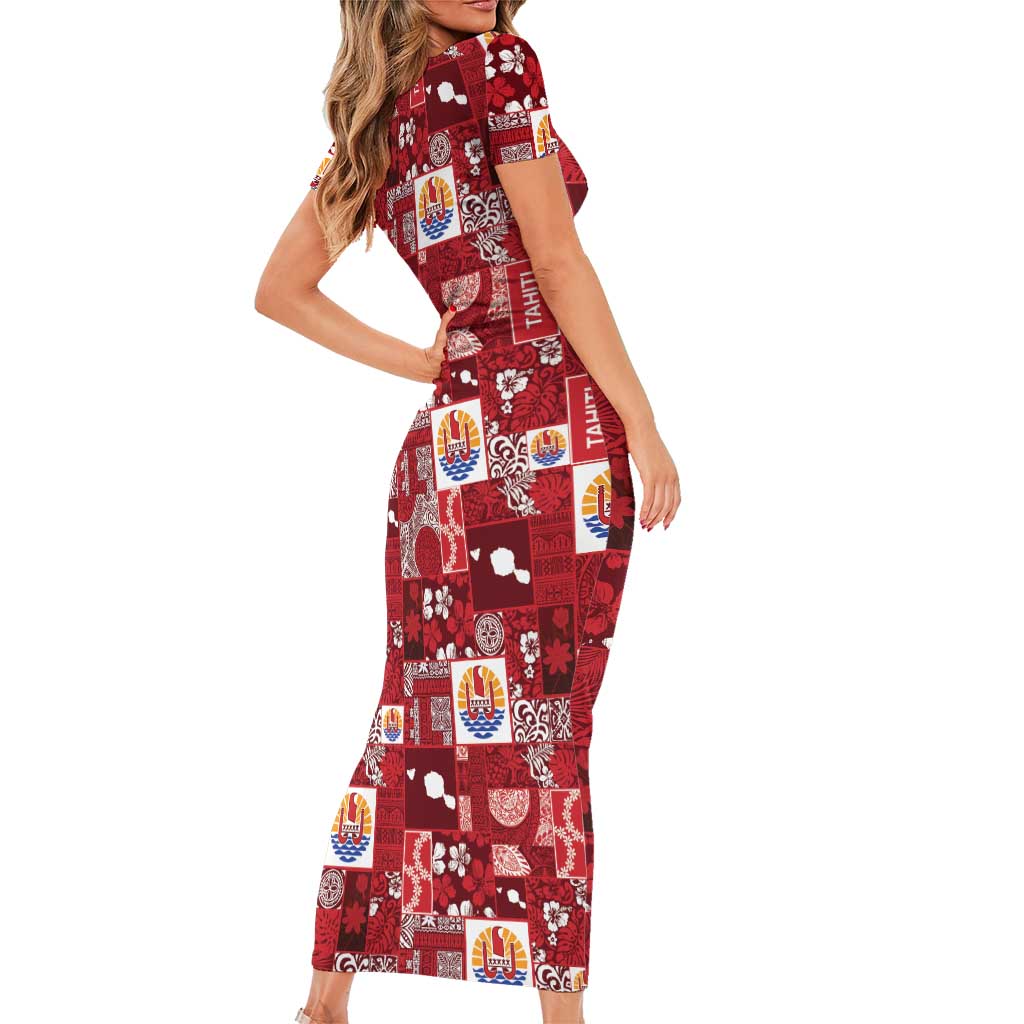 Tahiti Oaoa I Teie Noera Short Sleeve Bodycon Dress Pacific Patchwork Xmas Vibes - Polynesian Pride