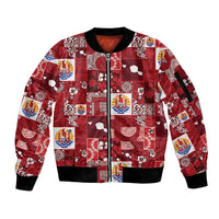 Tahiti Oaoa I Teie Noera Sleeve Zip Bomber Jacket Pacific Patchwork Xmas Vibes LT9 Unisex Red - Polynesian Pride