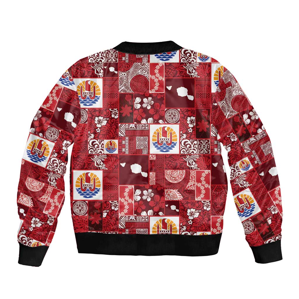 Tahiti Oaoa I Teie Noera Sleeve Zip Bomber Jacket Pacific Patchwork Xmas Vibes LT9 - Polynesian Pride