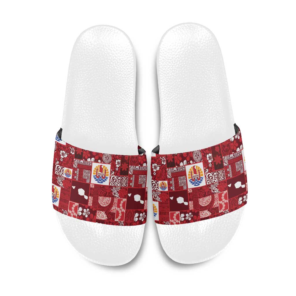 Tahiti Oaoa I Teie Noera Slide Sandals Pacific Patchwork Xmas Vibes LT9 Red - Polynesian Pride