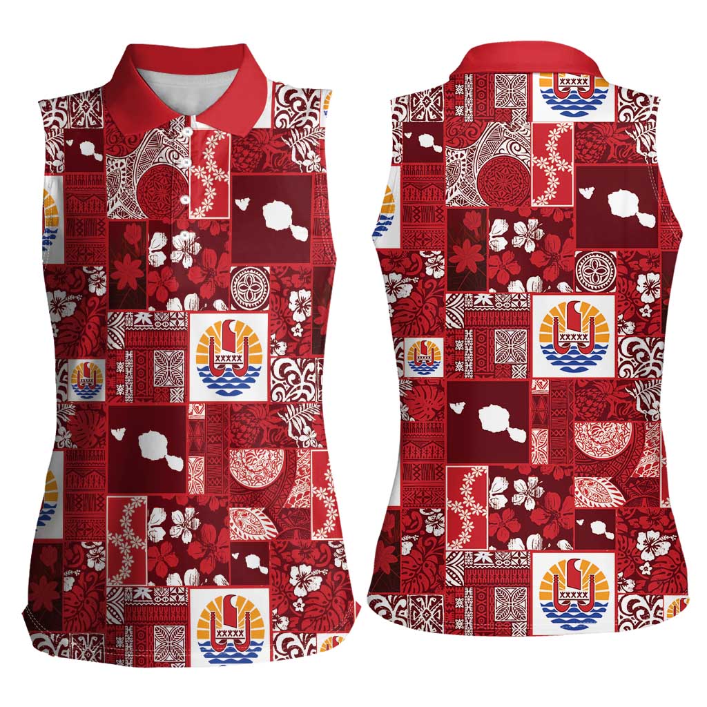 Tahiti Oaoa I Teie Noera Women Sleeveless Polo Shirt Pacific Patchwork Xmas Vibes LT9 - Polynesian Pride