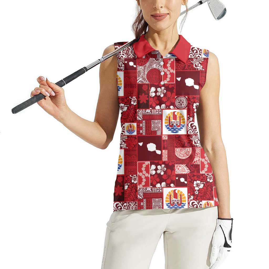 Tahiti Oaoa I Teie Noera Women Sleeveless Polo Shirt Pacific Patchwork Xmas Vibes LT9 - Polynesian Pride