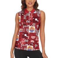Tahiti Oaoa I Teie Noera Women Sleeveless Polo Shirt Pacific Patchwork Xmas Vibes LT9 - Polynesian Pride