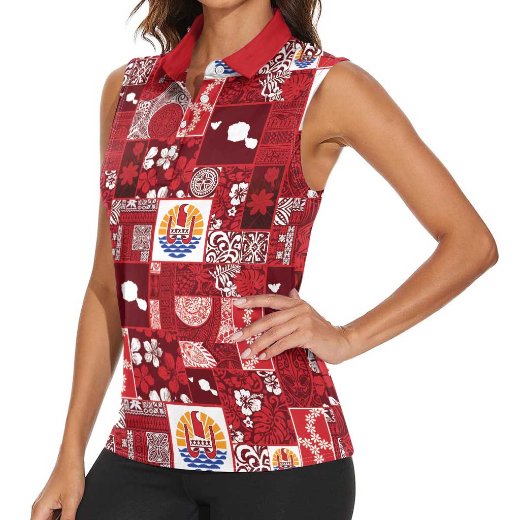 Tahiti Oaoa I Teie Noera Women Sleeveless Polo Shirt Pacific Patchwork Xmas Vibes LT9 - Polynesian Pride