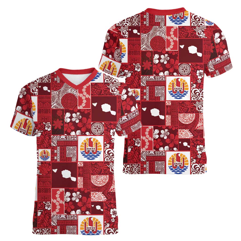 Tahiti Oaoa I Teie Noera Women V-Neck T-Shirt Pacific Patchwork Xmas Vibes - Polynesian Pride