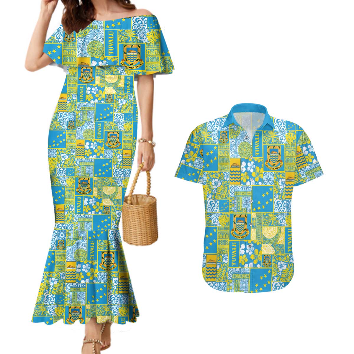 Tuvalu Manuia te Kilisimasi Couples Matching Mermaid Dress and Hawaiian Shirt Pacific Patchwork Xmas Vibes LT9 Green - Polynesian Pride