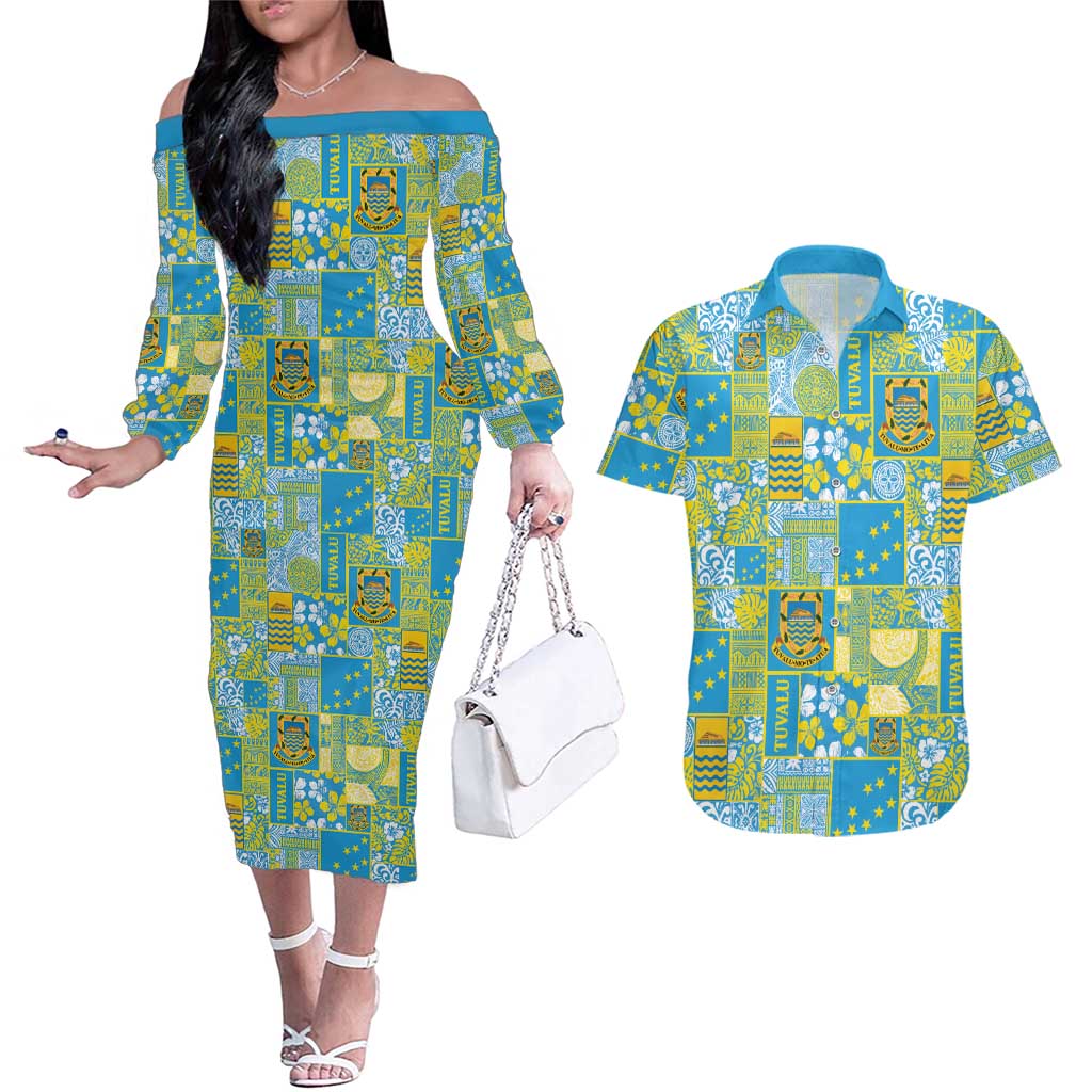 Tuvalu Manuia te Kilisimasi Couples Matching Off The Shoulder Long Sleeve Dress and Hawaiian Shirt Pacific Patchwork Xmas Vibes LT9 Green - Polynesian Pride