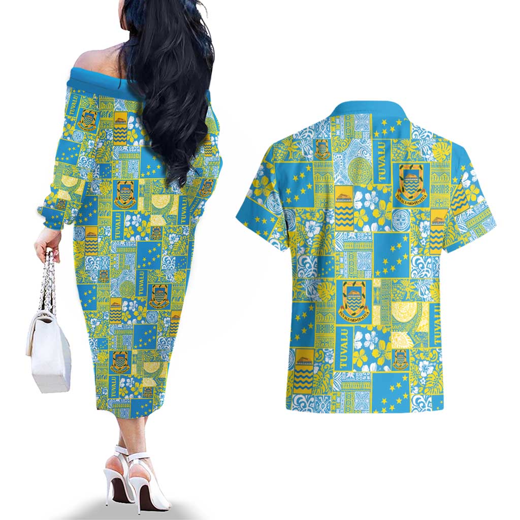 Tuvalu Manuia te Kilisimasi Couples Matching Off The Shoulder Long Sleeve Dress and Hawaiian Shirt Pacific Patchwork Xmas Vibes LT9 - Polynesian Pride