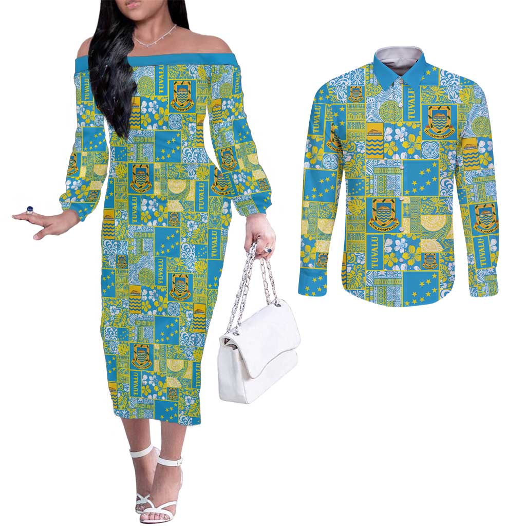 Tuvalu Manuia te Kilisimasi Couples Matching Off The Shoulder Long Sleeve Dress and Long Sleeve Button Shirt Pacific Patchwork Xmas Vibes LT9 Green - Polynesian Pride