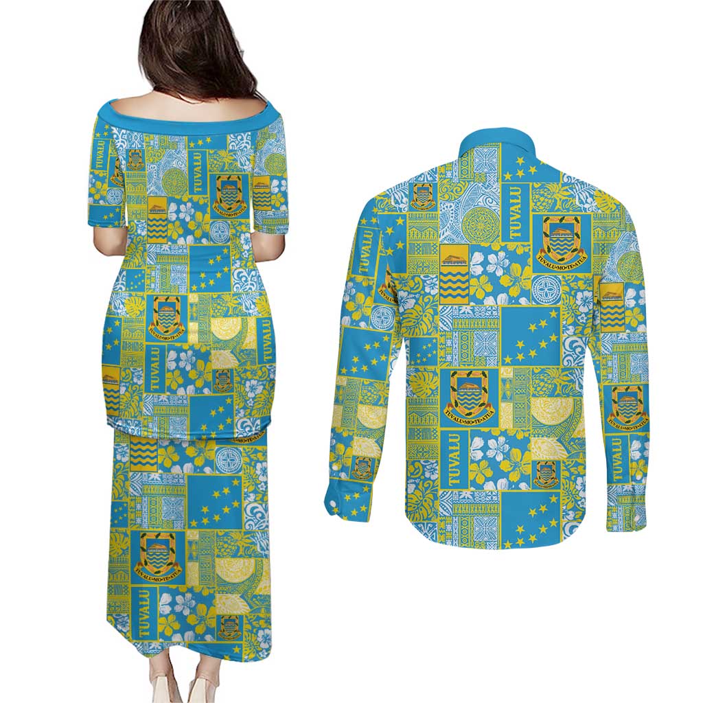 Tuvalu Manuia te Kilisimasi Couples Matching Puletasi and Long Sleeve Button Shirt Pacific Patchwork Xmas Vibes - Polynesian Pride