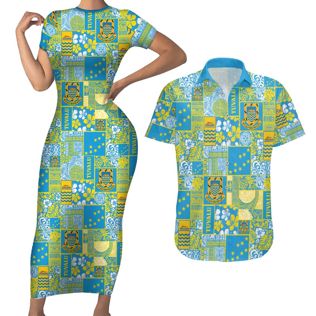 Tuvalu Manuia te Kilisimasi Couples Matching Short Sleeve Bodycon Dress and Hawaiian Shirt Pacific Patchwork Xmas Vibes LT9 Green - Polynesian Pride
