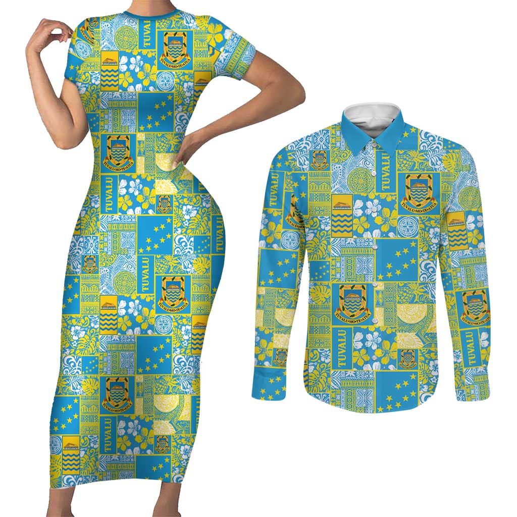 Tuvalu Manuia te Kilisimasi Couples Matching Short Sleeve Bodycon Dress and Long Sleeve Button Shirt Pacific Patchwork Xmas Vibes - Polynesian Pride