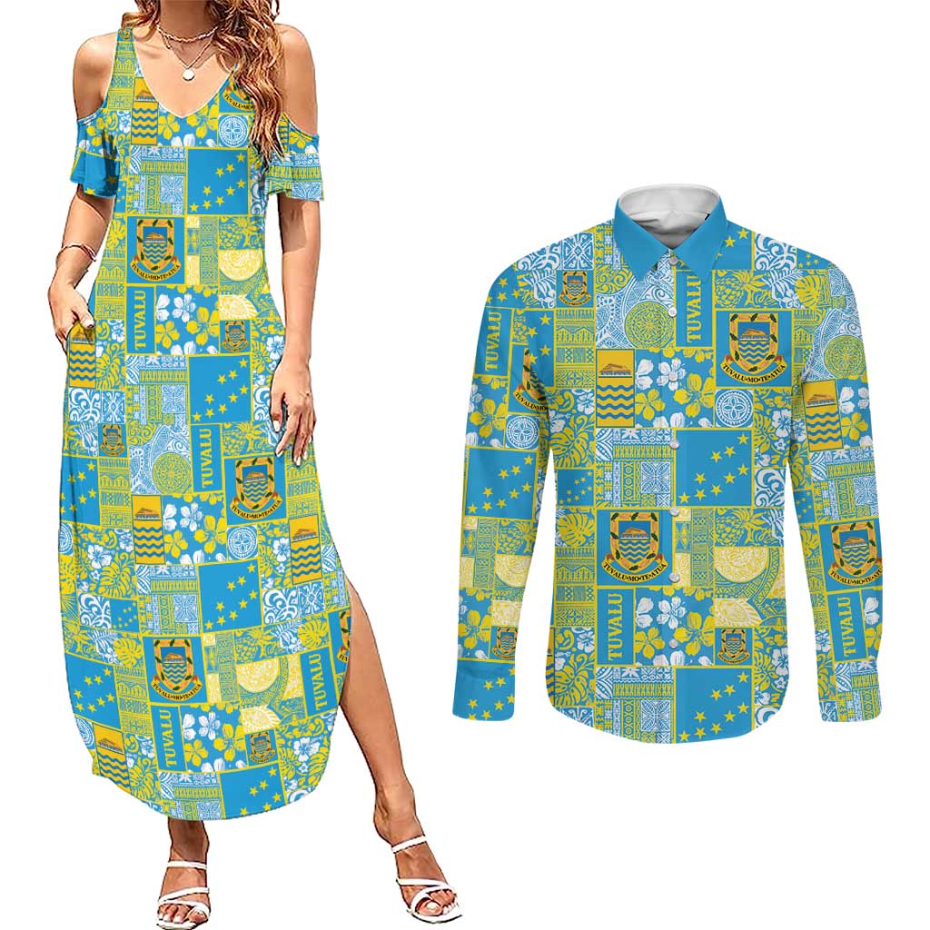 Tuvalu Manuia te Kilisimasi Couples Matching Summer Maxi Dress and Long Sleeve Button Shirt Pacific Patchwork Xmas Vibes - Polynesian Pride