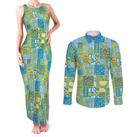 Tuvalu Manuia te Kilisimasi Couples Matching Tank Maxi Dress and Long Sleeve Button Shirt Pacific Patchwork Xmas Vibes - Polynesian Pride