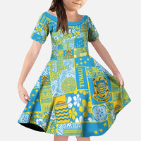 Tuvalu Manuia te Kilisimasi Family Matching Off The Shoulder Long Sleeve Dress and Hawaiian Shirt Pacific Patchwork Xmas Vibes LT9 Daughter's Dress Green - Polynesian Pride