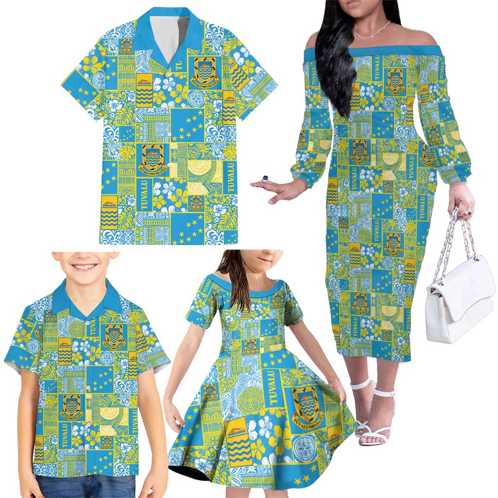 Tuvalu Manuia te Kilisimasi Family Matching Off The Shoulder Long Sleeve Dress and Hawaiian Shirt Pacific Patchwork Xmas Vibes LT9 - Polynesian Pride