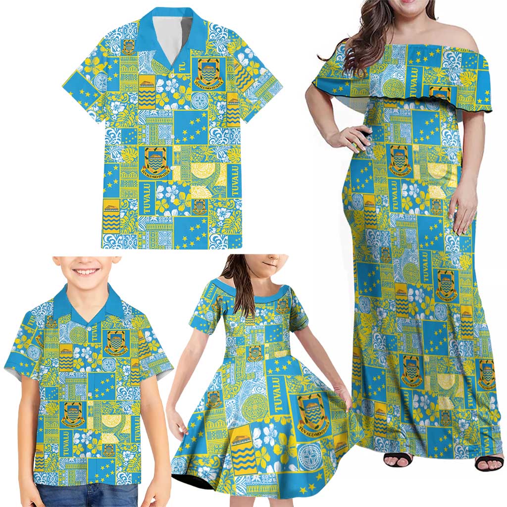 Tuvalu Manuia te Kilisimasi Family Matching Off Shoulder Maxi Dress and Hawaiian Shirt Pacific Patchwork Xmas Vibes LT9 - Polynesian Pride