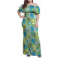 Tuvalu Manuia te Kilisimasi Family Matching Off Shoulder Maxi Dress and Hawaiian Shirt Pacific Patchwork Xmas Vibes LT9 Mom's Dress Green - Polynesian Pride