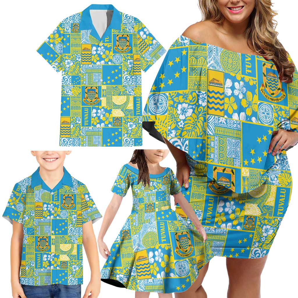 Tuvalu Manuia te Kilisimasi Family Matching Off Shoulder Short Dress and Hawaiian Shirt Pacific Patchwork Xmas Vibes LT9 - Polynesian Pride