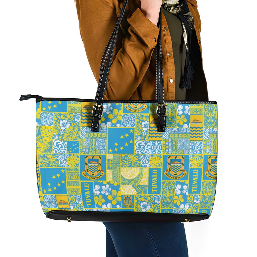 Tuvalu Manuia te Kilisimasi Leather Tote Bag Pacific Patchwork Xmas Vibes - Polynesian Pride