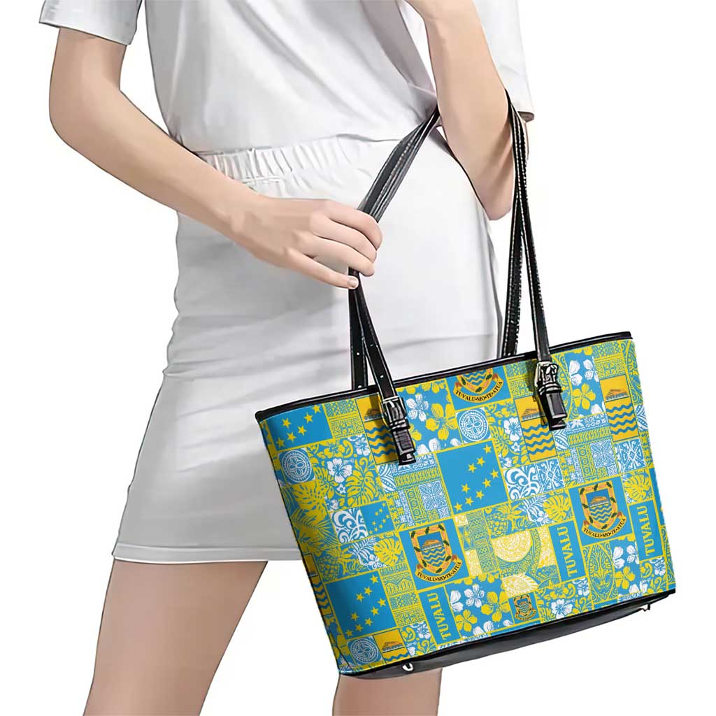 Tuvalu Manuia te Kilisimasi Leather Tote Bag Pacific Patchwork Xmas Vibes - Polynesian Pride