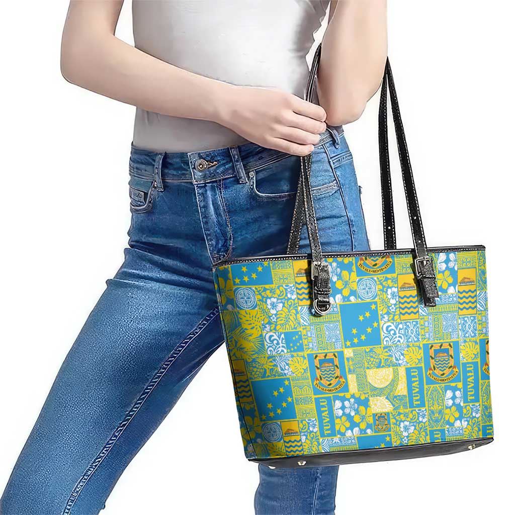 Tuvalu Manuia te Kilisimasi Leather Tote Bag Pacific Patchwork Xmas Vibes - Polynesian Pride