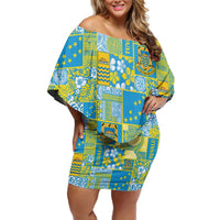 Tuvalu Manuia te Kilisimasi Off Shoulder Short Dress Pacific Patchwork Xmas Vibes - Polynesian Pride