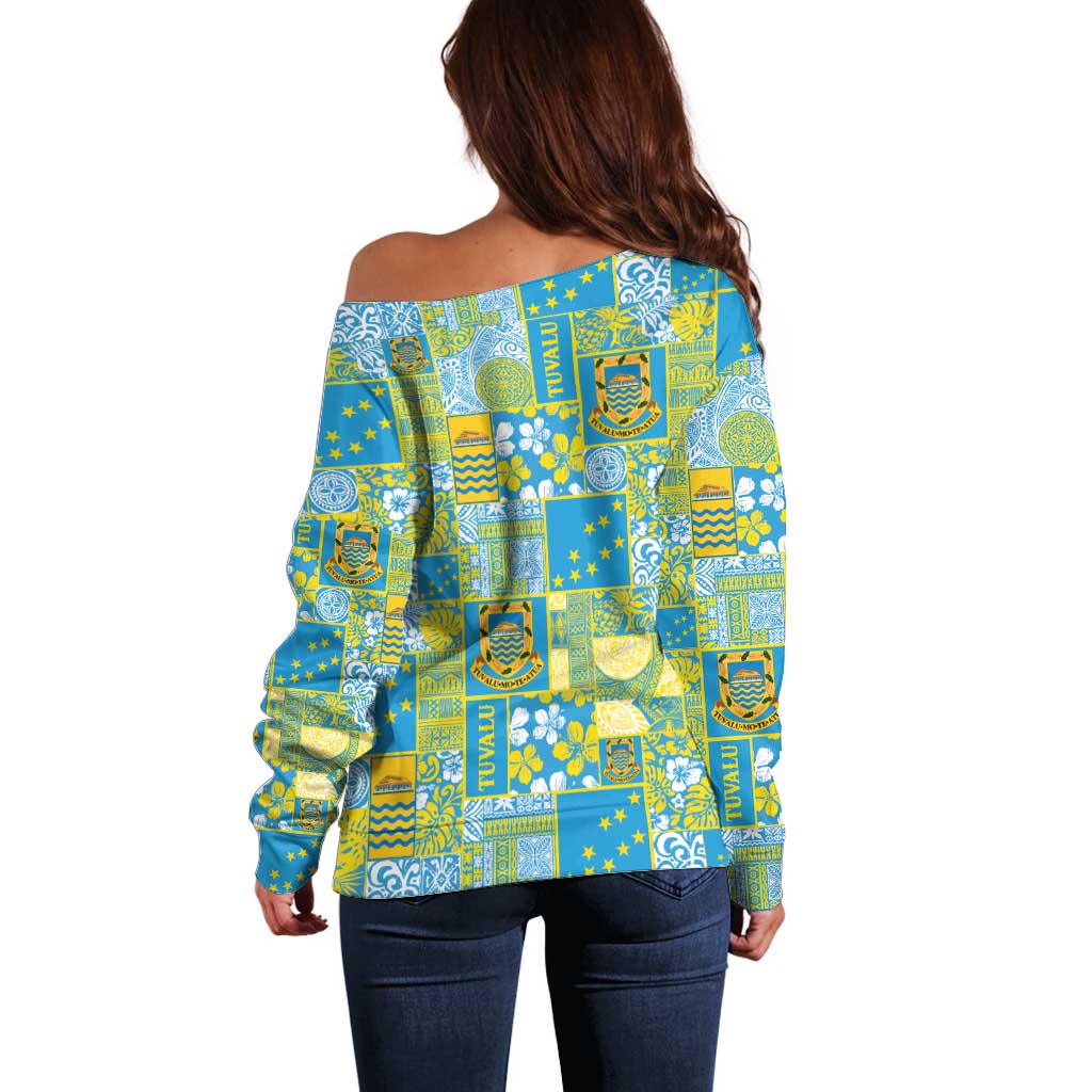 Tuvalu Manuia te Kilisimasi Off Shoulder Sweater Pacific Patchwork Xmas Vibes - Polynesian Pride