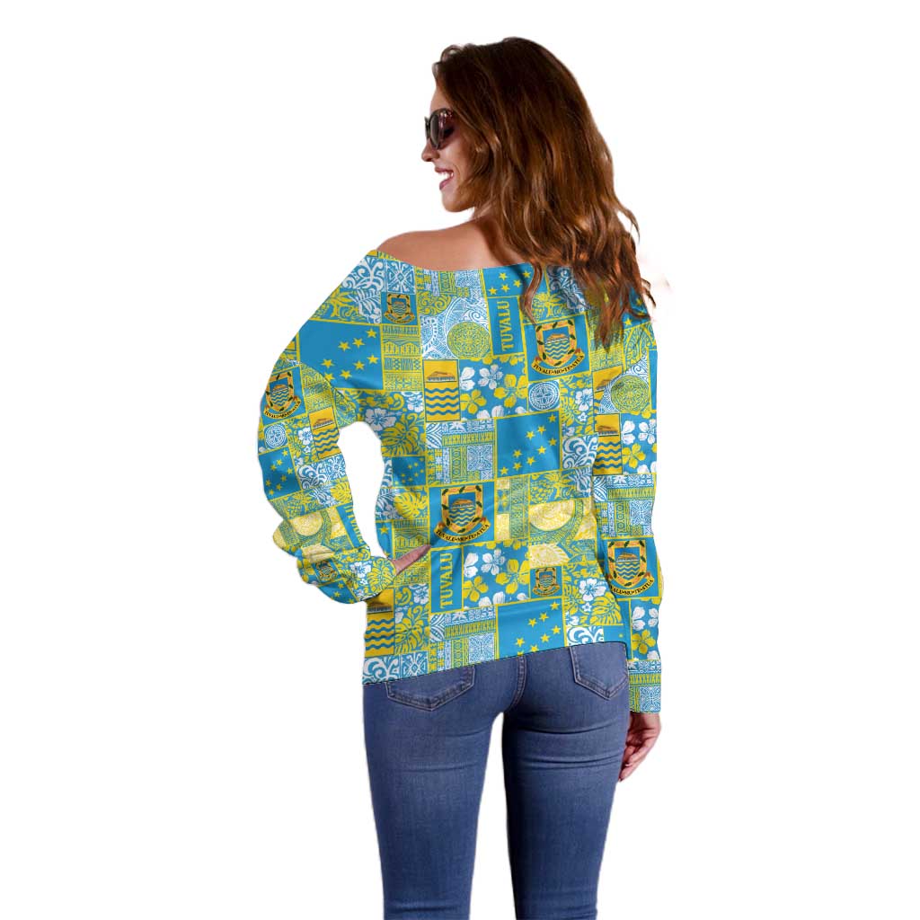 Tuvalu Manuia te Kilisimasi Off Shoulder Sweater Pacific Patchwork Xmas Vibes - Polynesian Pride